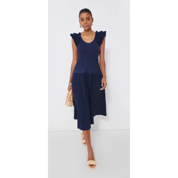 New Ulla Johnson Virginia Midi Dress Ruffle Shoulders Midnight Navy Blue 10 - Picture 3 of 14